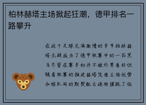 柏林赫塔主场掀起狂潮，德甲排名一路攀升